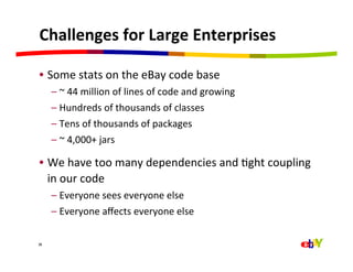 Challenges	
  for	
  Large	
  Enterprises	
  

•  Some	
  stats	
  on	
  the	
  eBay	
  code	
  base	
  
       –  ~	
  44	
  million	
  of	
  lines	
  of	
  code	
  and	
  growing	
  
       –  Hundreds	
  of	
  thousands	
  of	
  classes	
  
       –  Tens	
  of	
  thousands	
  of	
  packages	
  
       –  ~	
  4,000+	
  jars	
  

•  We	
  have	
  too	
  many	
  dependencies	
  and	
  Qght	
  coupling	
  
   in	
  our	
  code	
  
       –  Everyone	
  sees	
  everyone	
  else	
  
       –  Everyone	
  aﬀects	
  everyone	
  else	
  
	
  
38
 
