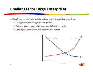 Challenges	
  for	
  Large	
  Enterprises	
  

 •  Developer	
  producQvity/agility	
  suﬀers	
  as	
  the	
  knowledge	
  goes	
  down	
  
     –  Changes	
  ripple	
  throughout	
  the	
  system	
  
     –  Fallouts	
  from	
  changes/features	
  are	
  diﬃcult	
  to	
  resolve	
  
     –  Developers	
  slow	
  down	
  and	
  become	
  risk	
  averse	
  


                                                        knowledge                   complexity




                                                                     code size
39	
  
 