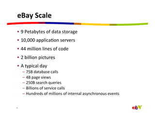 eBay	
  Scale	
  
  •  9	
  Petabytes	
  of	
  data	
  storage	
  
  •  10,000	
  applicaQon	
  servers	
  
  •  44	
  million	
  lines	
  of	
  code	
  
  •  2	
  billion	
  pictures	
  
  •  A	
  typical	
  day	
  
        –  75B	
  database	
  calls	
  
        –  4B	
  page	
  views	
  
        –  250B	
  search	
  queries	
  
        –  Billions	
  of	
  service	
  calls	
  
        –  Hundreds	
  of	
  millions	
  of	
  internal	
  asynchronous	
  events	
  


4	
  
 