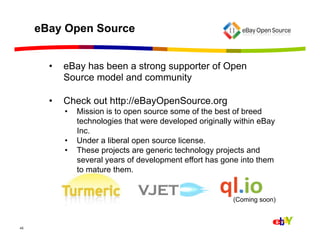 eBay Open Source


       •    eBay has been a strong supporter of Open
            Source model and community

       •    Check out http://eBayOpenSource.org
            •  Mission is to open source some of the best of breed
               technologies that were developed originally within eBay
               Inc.
            •  Under a liberal open source license.
            •  These projects are generic technology projects and
               several years of development effort has gone into them
               to mature them.


                                                          (Coming soon)



45
 