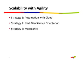 Scalability	
  with	
  Agility	
  

  •  Strategy	
  1:	
  AutomaQon	
  with	
  Cloud	
  
  •  Strategy	
  2:	
  Next	
  Gen	
  Service	
  OrientaQon	
  
  •  Strategy	
  3:	
  Modularity	
  




8	
  
 