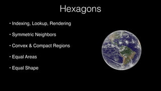 • Indexing, Lookup, Rendering
• Symmetric Neighbors
• Convex & Compact Regions
• Equal Areas
• Equal Shape
Hexagons
 