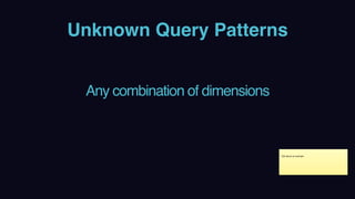 Unknown Query Patterns
Any combination of dimensions
Talk about an example
 