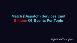 Match (Dispatch) Services Emit
Billions Of Events Per Topic
High Scale/Throughput
 