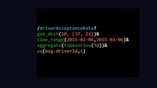 /driverAcceptanceRate?	
geo_dist(10,	[37,	22])&	
time_range(2015-02-04,2015-03-06)&	
aggregate(timeseries(7d))&	
eq(msg.driverId,1)	
 