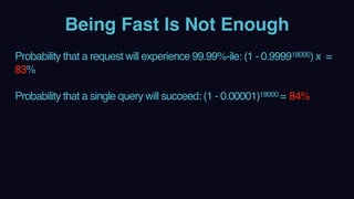 Being Fast Is Not Enough
Probability that a request will experience 99.99%-ile: (1 - 0.999918000) x =
83% 
Probability that a single query will succeed: (1 - 0.00001)18000 = 84%
 
 