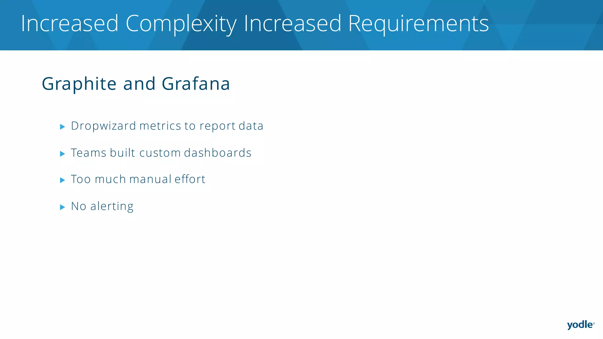 Graphite and Grafana
▶ Dropwizard metrics to report data
▶ Teams built custom dashboards
▶ Too much manual effort
▶ No alerting
Increased Complexity Increased Requirements
 