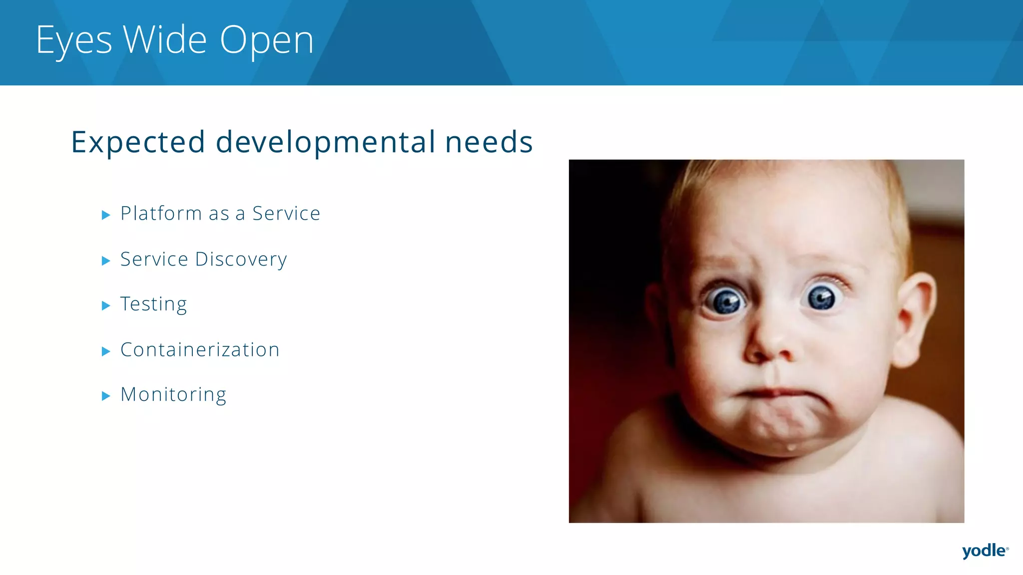 Expected developmental needs
▶ Platform as a Service
▶ Service Discovery
▶ Testing
▶ Containerization
▶ Monitoring
Eyes Wide Open
 
