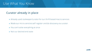 Curator already in place
▶ Already used zookeeper/curator for our thrift based macro-services
▶ Made our micro-services self register and do discovery via curator
▶ You can’t solve everything at once
▶ Not our desired end state
Use What You Know
 