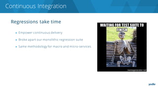 Regressions take time
▶ Empower continuous delivery
▶ Broke apart our monolithic regression suite
▶ Same methodology for macro and micro-services
Continuous Integration
 