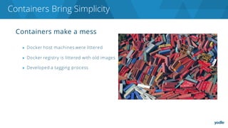 Containers make a mess
▶ Docker host machines were littered
▶ Docker registry is littered with old images
▶ Developed a tagging process
Containers Bring Simplicity
 