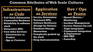 Common Attributes of Web Scale Cultures
Infrastructure                Application                Dev / Ops
   as Code                    as Services                as Teams
‣ Full Stack Automation     ‣ Service Orientation    ‣ Shared Metrics /
‣ Commodity Hardware        ‣ Versioned APIs           Monitoring
‣ Reliability in software   ‣ Software Resiliency    ‣ Incident Management
  stack                       (Design for Failure)   ‣ Service Owners On-call
‣ Datacenter APIs           ‣ Database/Storage       ‣ Tight integration
‣ Core Infra Services         Abstraction            ‣ Continuous Integration
  ‣ Infrastructure as       ‣ Complexity pushed up     & Deployment
    Product                   the stack              ‣ SRE/SRO
  ‣ App as Customer         ‣ Deep Instrumentation   ‣ GameDay
 