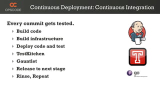 Continuous Deployment: Continuous Integration

Every commit gets tested.
 ‣ Build code
 ‣ Build infrastructure
 ‣ Deploy code and test
 ‣ TestKitchen
 ‣ Gauntlet
 ‣ Release to next stage
 ‣ Rinse, Repeat
 