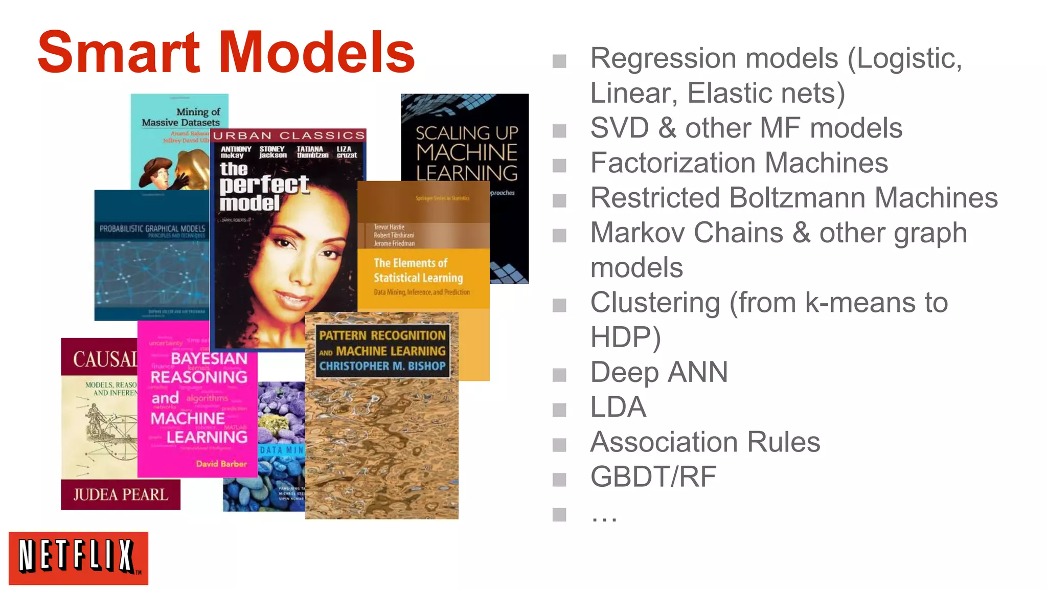 Smart Models

■ Regression models (Logistic,
Linear, Elastic nets)
■ SVD & other MF models
■ Factorization Machines
■ Restricted Boltzmann Machines
■ Markov Chains & other graph
models
■ Clustering (from k-means to
HDP)
■ Deep ANN
■ LDA
■ Association Rules
■ GBDT/RF
■ …

 