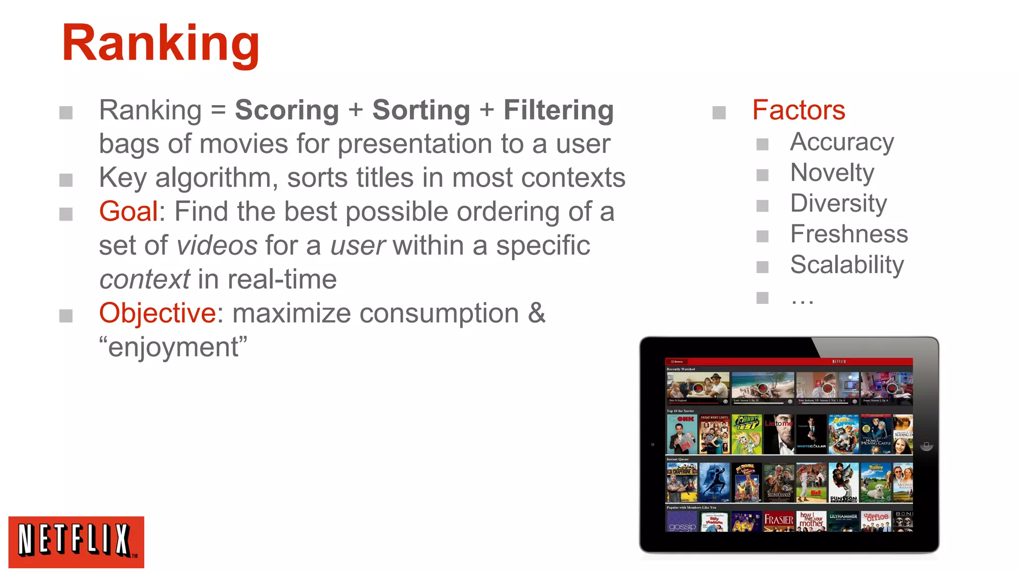 Ranking
■ Ranking = Scoring + Sorting + Filtering
bags of movies for presentation to a user
■ Key algorithm, sorts titles in most contexts
■ Goal: Find the best possible ordering of a
set of videos for a user within a specific
context in real-time
■ Objective: maximize consumption &
“enjoyment”

■ Factors
■
■
■
■
■
■

Accuracy
Novelty
Diversity
Freshness
Scalability
…

 