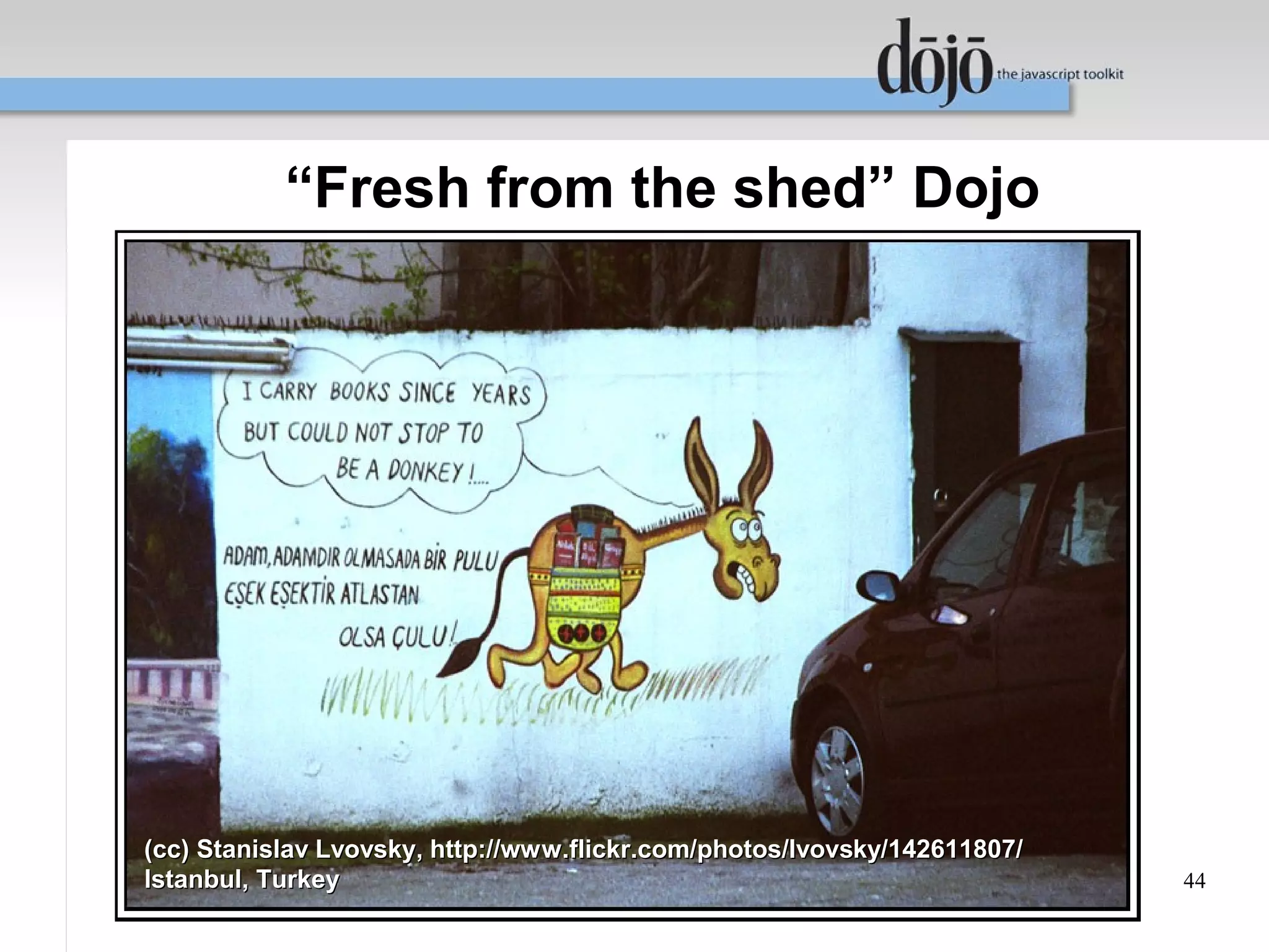 “Fresh from the shed” Dojo




(cc) Stanislav Lvovsky, http://www.flickr.com/photos/lvovsky/142611807/
Istanbul, Turkey                                                          44
 