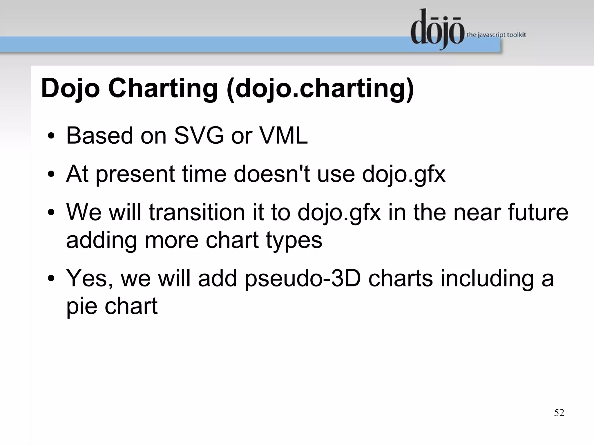 Dojo Charting (dojo.charting)
●   Based on SVG or VML
●   At present time doesn't use dojo.gfx
●   We will transition it to dojo.gfx in the near future
    adding more chart types
●   Yes, we will add pseudo-3D charts including a
    pie chart



                                                      52
 