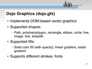 Dojo Graphics (dojo.gfx)
●   Implements DOM-based vector graphics
●   Supported shapes:
    –   Path, polyline/polygon, rectangle, ellipse, circle, line,
        image, text, textpath
●   Supported fills:
    –   Solid color fill (with opacity), linear gradient, radial
        gradient
●   Supports different strokes, fonts
                                                                   46
 
