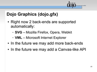Dojo Graphics (dojo.gfx)
●   Right now 2 back-ends are supported
    automatically:
    –   SVG – Mozilla Firefox, Opera, Webkit
    –   VML – Microsoft Internet Explorer
●   In the future we may add more back-ends
●   In the future we may add a Canvas-like API



                                                 49
 