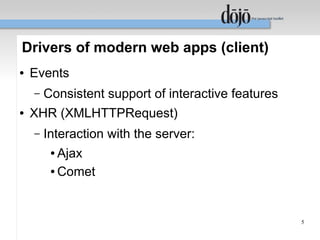 Drivers of modern web apps (client)
●   Events
    –   Consistent support of interactive features
●   XHR (XMLHTTPRequest)
    –   Interaction with the server:
         ● Ajax
         ● Comet




                                                     5
 