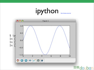 ipython          http://numpy.scipy.org/




$ ipython -pylab
In [1]: X = frange(0, 10, 0.1)
In [2]: Y = [sin(x) for x in X]
In [3]: plot(X, Y)
 