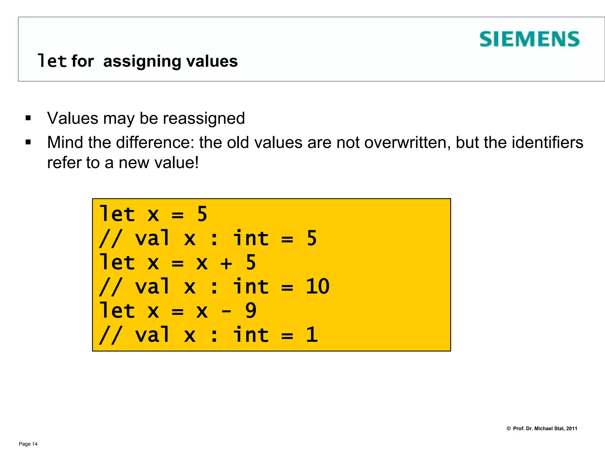 let it beThe let statement lets you define valuesLet‘s use the „REPL“ (actually not a REPL; F# is compiled on the fly)Page 13