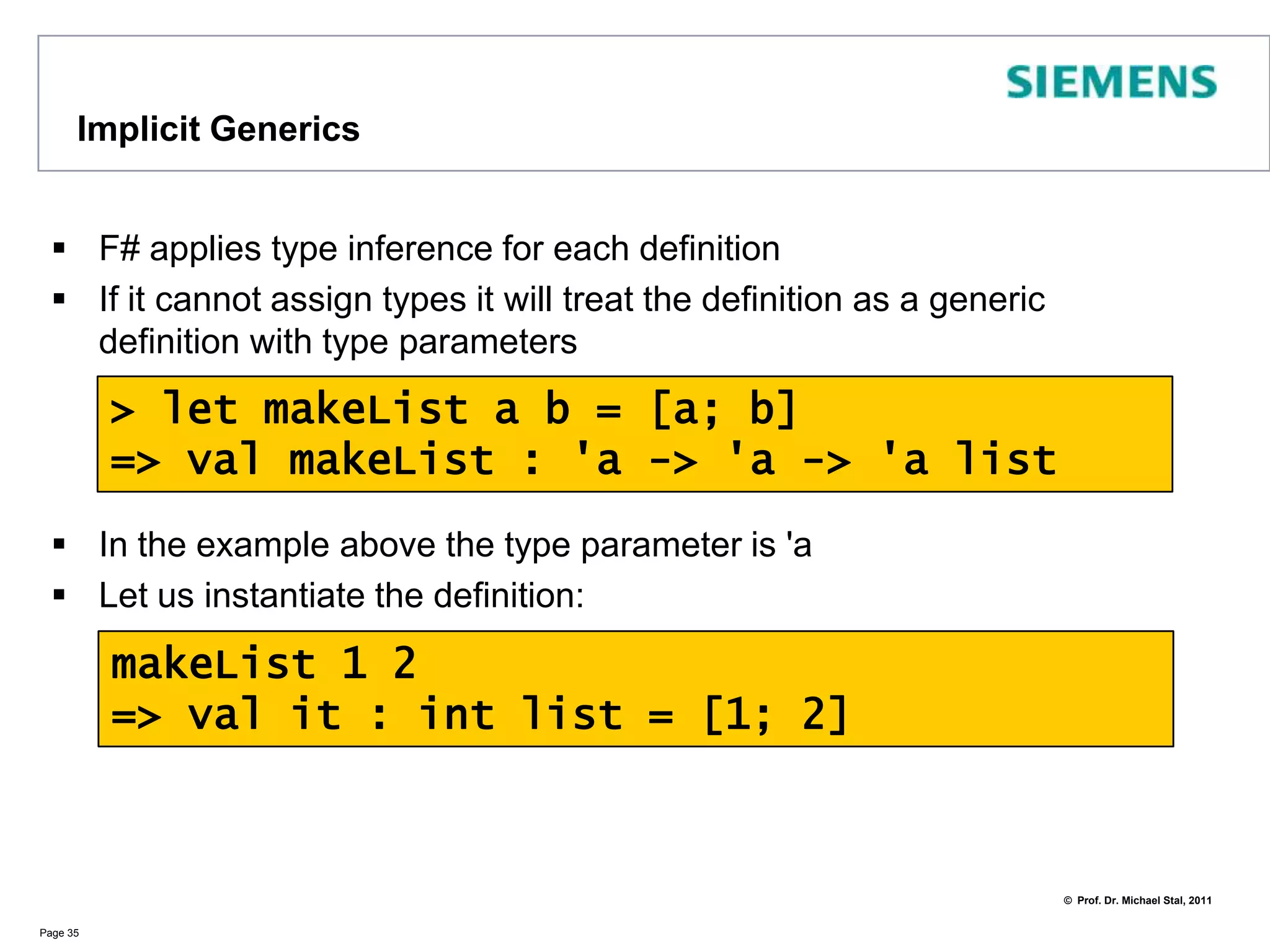 ModulesF# Modulescancontainvalues, typedefinitions, submodulesModulesarecompiled as classeswithstaticmembersPage 34moduleMathModuleletrechcf (a:bigint) (b:bigint) = if a = 0I then belif (a < b) thenhcf a (b-a)elsehcf (a-b) btype Rational(a: bigint, b: bigint) =let n = hcf a bmemberr.a = a / n memberr.b = b / nstaticmember (+) r1 r2 = …