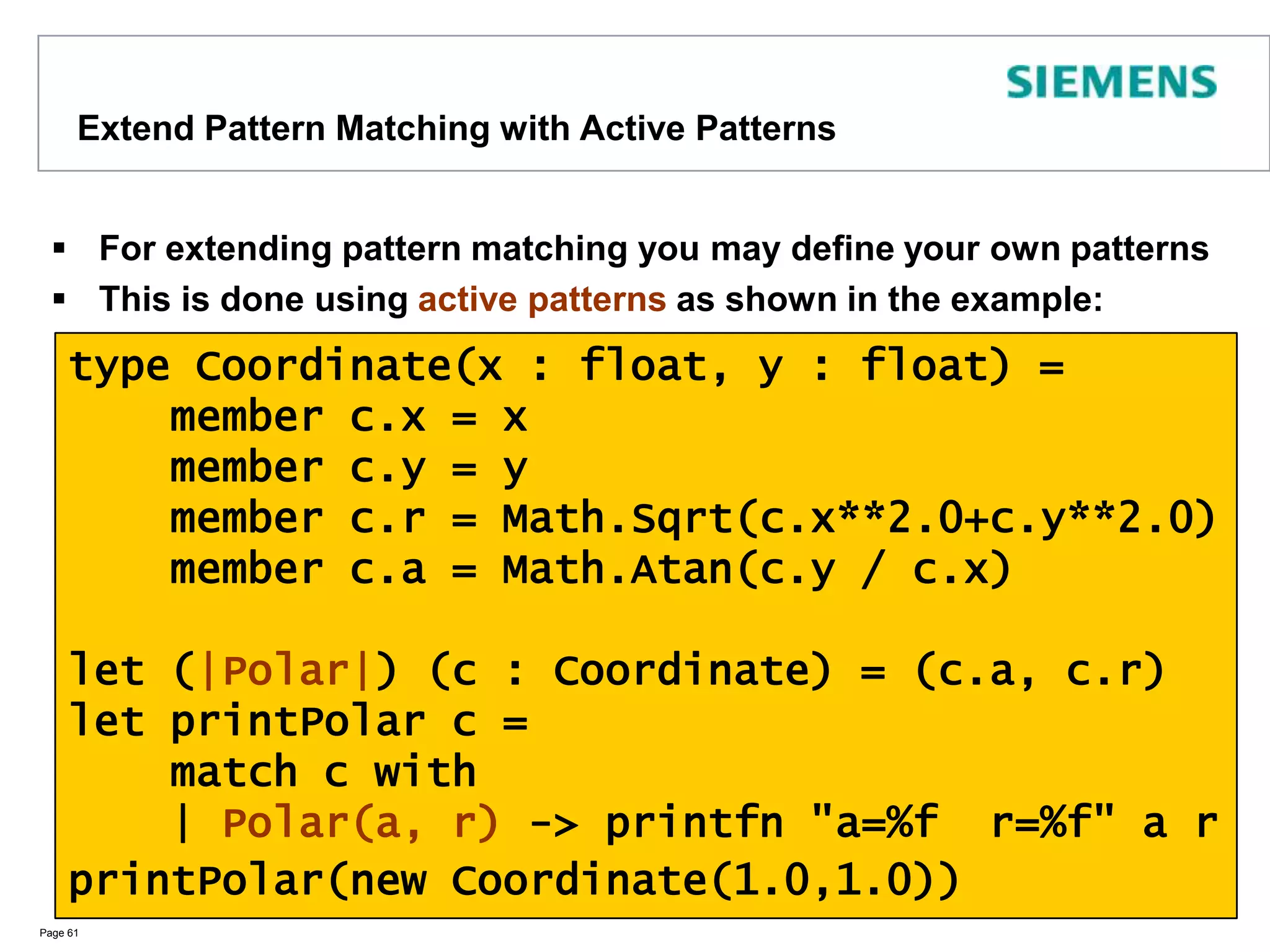 Mutual Recursive TypesTypes in F# can not refer to types defined in a later partYou need to have a mutual recursive definition using and Page 60type Element =    | Content of string    | Ref of Tree // Error: Tree not definedtype Tree =    | Node of Tree * Element * Tree    | Leaf of Element	type Element =    | Content of string    | Ref of Treeand Tree =    | Node of Tree * Element * Tree    | Leaf of Element
