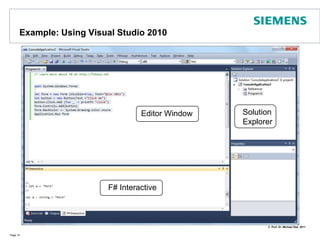How to obtain F#Source code file may be compiled using fsc:fsc myExample.fswhich creates an executable for the CLRYou may run an interactive shell by using the following command line insteadfsiIn this case type the commands directly into the shell using ;; as delimitersYou might use Visual Studio 2008 and install F# or Visual Studio 2010 (F# included!)You may use SharpDevelop and F#On Mac OS X, Linux:install Mono, then F# for Mac und Linuxadd MonoDevelop and the F# Add-In if you prefer an IDEPage 9For instructions on how to install F# on Mac, Linux:http://functional-variations.net/