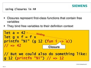 let for function definitionUsing let for giving an anonymous function a nameThe function definition can also be written as:Page 15let poly1 = fun x -> 2.0 * x * x - x + 1.0// => valpoly1 float -> floatpoly1 1.5// => val it : float = 4A closurelet poly1 x = 2.0 * x *x - x + 1.0// => valpoly1 float -> float