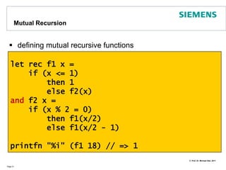 let for recursive functionsdefining a recursive function requires the keyword recPage 20let rec fib n =     if (n <= 1)     then 1     else fib(n-1) + fib(n-2)(*  fib 1 => 1 fib 2 => 2 fib 3 => 3 fib 4 => 5 fib 5 => 8*) 