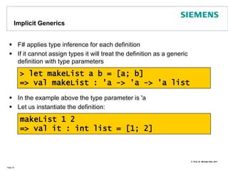 ModulesF# Modulescancontainvalues, typedefinitions, submodulesModulesarecompiled as classeswithstaticmembersPage 34moduleMathModuleletrechcf (a:bigint) (b:bigint) = if a = 0I then belif (a < b) thenhcf a (b-a)elsehcf (a-b) btype Rational(a: bigint, b: bigint) =let n = hcf a bmemberr.a = a / n memberr.b = b / nstaticmember (+) r1 r2 = …