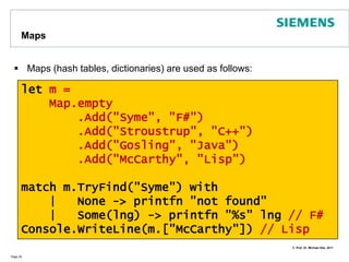 Setssets are used for various problemsPage 38open Systemlet s : Set<int> = Set(seq{ 1..7 })let t = set[1;2;3]Console.WriteLine(s.Count)Console.WriteLine(s.MaximumElement)Console.WriteLine(s.IsProperSubsetOf(Set(seq{ 1..10 })))Console.WriteLine(s.IsProperSupersetOf(t))Console.WriteLine(s)let sl = Set.toList s // make a list