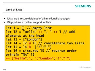 MapsMaps (hash tables, dictionaries) are used as follows: Page 39let m = Map.empty        .Add("Syme", "F#")        .Add("Stroustrup", "C++")        .Add("Gosling", "Java")        .Add("McCarthy", "Lisp")match m.TryFind("Syme") with    |   None -> printfn "not found"    |   Some(lng) -> printfn "%s" lng // F#Console.WriteLine(m.["McCarthy"]) // Lisp