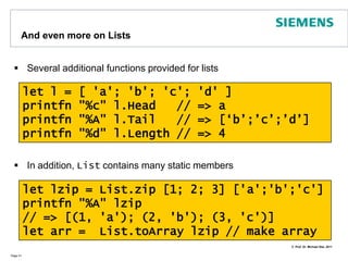 Land of ListsLists are the core datatype of all functional languagesF# provides excellent support for listsPage 40let l = [] // empty listlet l2 = "Hello" :: ", " :: l // add elements at the head let l3 = ["London"]let l4 = l2 @ l3 // concatenate two listslet l5 = l4 @  ["!";"!"] let l6 = List.rev l5 // reverse orderprintfn "%A" l5=> [“Hello”;”, “;”London”;”!”;”!”]