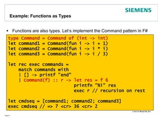 Discriminated Unions and Pattern Matching... Best served with Pattern MatchingPage 56let rec treePrint b =match b with    | Node(bl,br) -> printf "(" treePrintblprintf "|"treePrintbrprintf ")"    | Leaf(c) -> printf "[%s]" ctreePrint b //=>(([1.1]|[1.2])|[2.1])