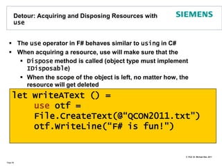 Example: Functions as TypesFunctions are also types. Let‘s implement the Command pattern in F#Page 57type Command = Command of (int -> int)let command1 = Command(fun i -> i + 1)let command2 = Command(fun i -> i * i)let command3 = Command(fun i -> i / 3)let rec exec commands =    match commands with    | [] -> printf "end"    | Command(f) :: r -> let res = f 6printfn "%i" res                         exec r // recursion on restlet cmdseq= [command1; command2; command3]exec cmdseq// => 7 <cr> 36 <cr> 2