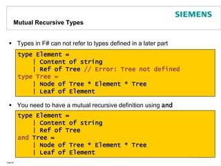 EnumsEnums in F# areexpressedsimilar to discriminatedunionsPage 59type Ratings =    | Excellent = 10    | Good = 7    | Average = 5    | Fair = 3    | Bad = 1	