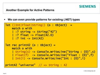 Extend Pattern Matching with Active PatternsFor extending pattern matching you may define yourown patternsThis is done using active patterns as shown in the example:Page 61type Coordinate(x : float, y : float) =    member c.x = x    member c.y = y    member c.r= Math.Sqrt(c.x**2.0+c.y**2.0)    member c.a= Math.Atan(c.y / c.x)let (|Polar|) (c : Coordinate) = (c.a, c.r)let printPolar c =    match c with    | Polar(a, r) -> printfn "a=%f  r=%f" a rprintPolar(new Coordinate(1.0,1.0)) 