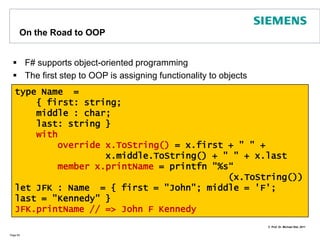 KeywordfunctionFor patternmatching an interestingshortexistsusingthekeywordfunctionPage 64// instead of:let rec combine2String sep s =    match  s with    | [] -> ""    | h :: t ->  h.ToString() +  sep + combine2String sep tprintfn "%s" (combine2String " " ["Hello ";"QCon"])// you may also use:let rec combine2String’ sep = function    | [] -> ""    | h :: t ->  h.ToString() +  sep + combine2String’ sep tprintfn "%s" (combineToString’ " " ["Hello ";"QCon"])
