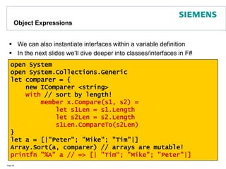 On the Road to OOPF# supports object-oriented programmingThe first step to OOP is assigning functionality to objectsPage 65type Name  =    { first: string;    middle : char;    last: string }    with        override x.ToString() = x.first + " " + x.middle.ToString() + " " + x.last        member x.printName = printfn "%s“                                                 (x.ToString())let JFK : Name  = { first = "John"; middle = 'F'; last = "Kennedy" }JFK.printName // => John F Kennedy