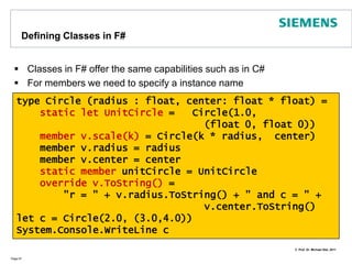 Object ExpressionsWe can also instantiate interfaces within a variable definitionIn the next slides we‘ll dive deeper into classes/interfaces in F#Page 66open Systemopen System.Collections.Genericlet comparer = {    new IComparer <string>with // sort by length!        member x.Compare(s1, s2) =             let s1Len = s1.Length            let s2Len = s2.Length            s1Len.CompareTo(s2Len)}let a = [|"Peter"; "Mike"; "Tim"|] Array.Sort(a, comparer) // arrays are mutable!printfn"%A" a // => [| "Tim“; "Mike"; "Peter"|] 