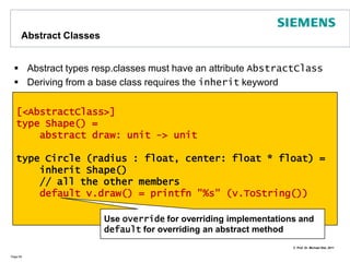 Explicit FieldsletbindingsalwaysrequireinitializationIfyou do notneed an initialization,useexplicitvaluesinstead!Theattribute[<DefaultValue>] isrequiredforvaluesthatshould will beinitialized to zero. For typeswithoutzeroinitializationwemustsetfields in theconstructorPage 68type Book (author : string, title : string) =[<DefaultValue>] val mutable rating : float[<DefaultValue>] val mutable readers : int    member b.rate(current : float) =b.readers <- b.readers + 1b.rating  <- (b.rating + current) / b.readerslet fSharpBook = new Book (“Don Syme”, “Expert F#”)fSharpBook.readers <- 0fSharpBook.rating <- 0.0