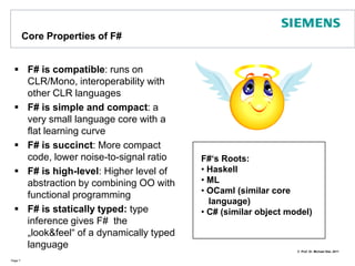 Core Properties of F#F# is compatible: runs on CLR/Mono, interoperability with other CLR languagesF# is simple and compact: a very small language core with a flat learning curveF# is succinct: More compact code, lower noise-to-signal ratio F# is high-level: Higher level of abstraction by combining OO with functional programmingF# is statically typed: type inference gives F#  the „look&feel“ of a dynamically typed languagePage 7F#‘s Roots: Haskell