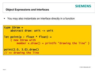 Defining and Using InterfacesInterfaces aredefined as abstracttypeswithonlyabstractmembersUsingthem in a classrequirestheinterfacekeywordPage 72type IDraw =    abstract draw: unit -> unittype Line(p1 : float * float, p2: float * float) =    member l.p1 = p1    member l.p2 = p2interface IDraw with        member l.draw() =             let lineWeight =  2            // ...........printfn "done"