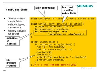  ErlangA small Appetizer - Hello, Scala!Page 9Type InferenceImmutable valuesClassesclass HelloWorldClass (val name: String) {	def print() = println("Hello World of " + name)}object HelloWorldMain {  	def main(args: Array[String]): Unit = {val hello = new HelloWorldClass("Scala")    		hello print  	}}=> Hello World of ScalaSingletonsLook Ma, no semicolonsNo brackets required!
