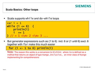 Scala Basics: if StatementsIf statements are expressions themselves, i.e. they have valuesPage 20import java.util._if (1 + 1 == 3) println(“strange world”) else {println(“everything’s ok”)}val res = if ((new Random().nextInt(6) + 1) == 6) 		"You win!" 	    else             "You lose!"