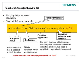 Parameterized Types in ScalaClasses, Traits, Functions may be parameterized with typesIn contrast to Java no wildcards permitted – parameter types must have namesVariance specification allow to specify covariance and contravariancePage 36trait MyTrait[S,T] {  def print(s:S, t:T) : String = "(" + s  + "," + t + ")"}class MyPair[S,T] (val s : S, val t : T) extends MyTrait [S,T] {  override def toString() : String = print(s,t)	}object Generics {  def main(args: Array[String]) {	val m = new MyPair[Int,Int](1,1)	printf(m.toString())  }} // => (1,1)
