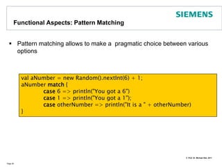 Functional Aspects: Currying (2)Currying helps increase readabilityTake foldleft as an examplePage 41FoldLeft Operatorval x =  (0 /: (1 to 10)) { (sum, elem) => sum + elem } // 55 Carryover value for next iterationFunction argumentsCarryover valueCollectionFor each iteration, foldleft passes the carry over value and the current collection element. We need to provide the operation to be appliedThis is collection which we iterate overThis is the value that is updated in each iterationThink how this would be implemented in Java!