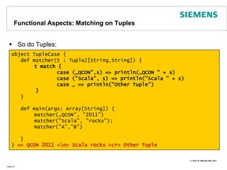 Functional Aspect: Partially Applied FunctionsIf you only provide a subset of arguments to a function call, you actually retrieve a partially defined functionOnly the passed arguments are bound, all others are notIn a call to a partially applied function you need to pass the unbound argumentsAll this is useful to leverage the DRY principle when passing the same arguments again and againPage 44object scalafunctions {  def fun(a : Int, b : Int, c:Int) = a+b+c  def main(args: Array[String]) {val partialFun = fun(1,2,_:Int)	  println( partialFun(3) ) // 6	  println( partialFun(4) ) // 7	}}